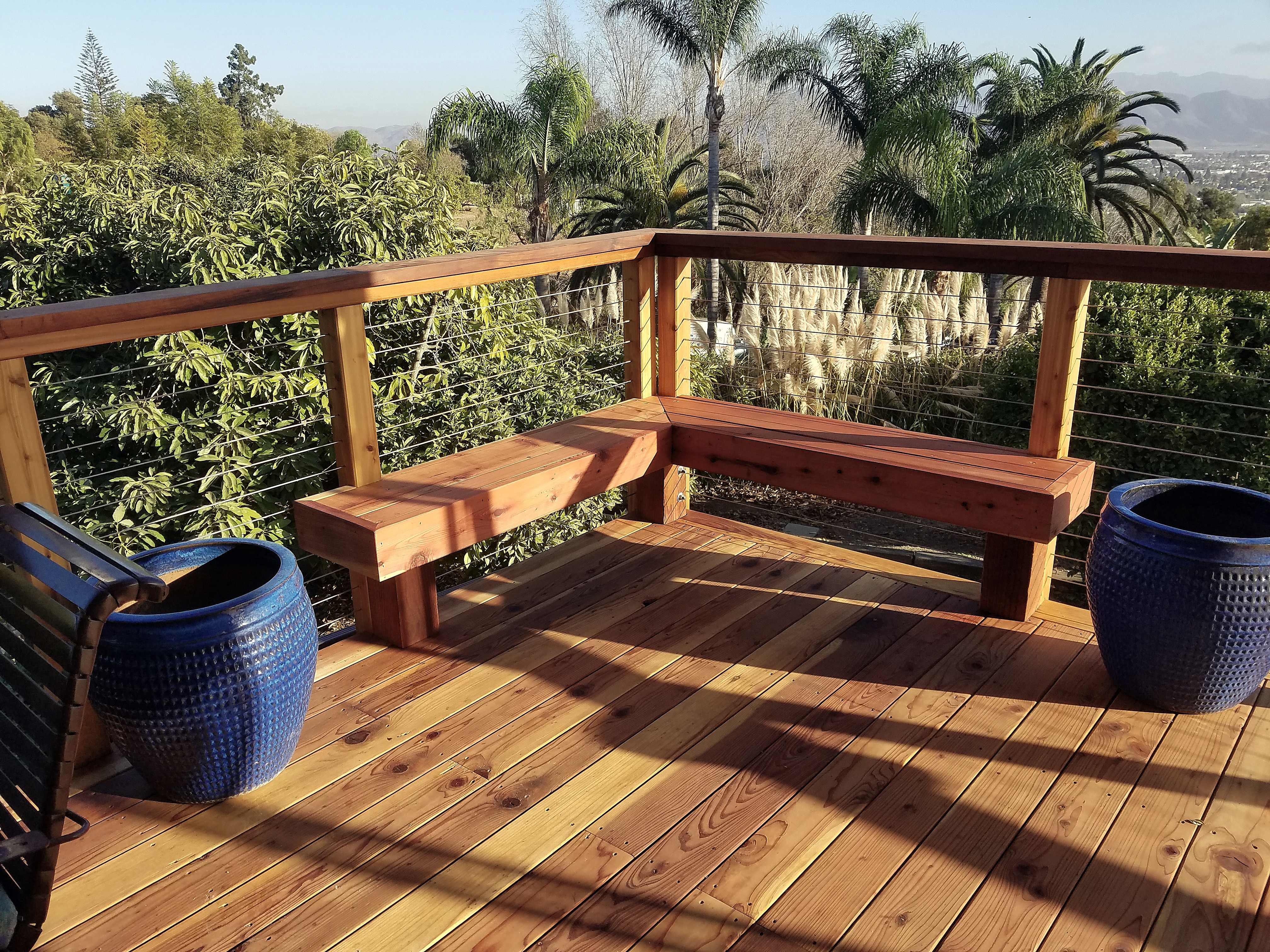Redwood deck with built-in bench seating