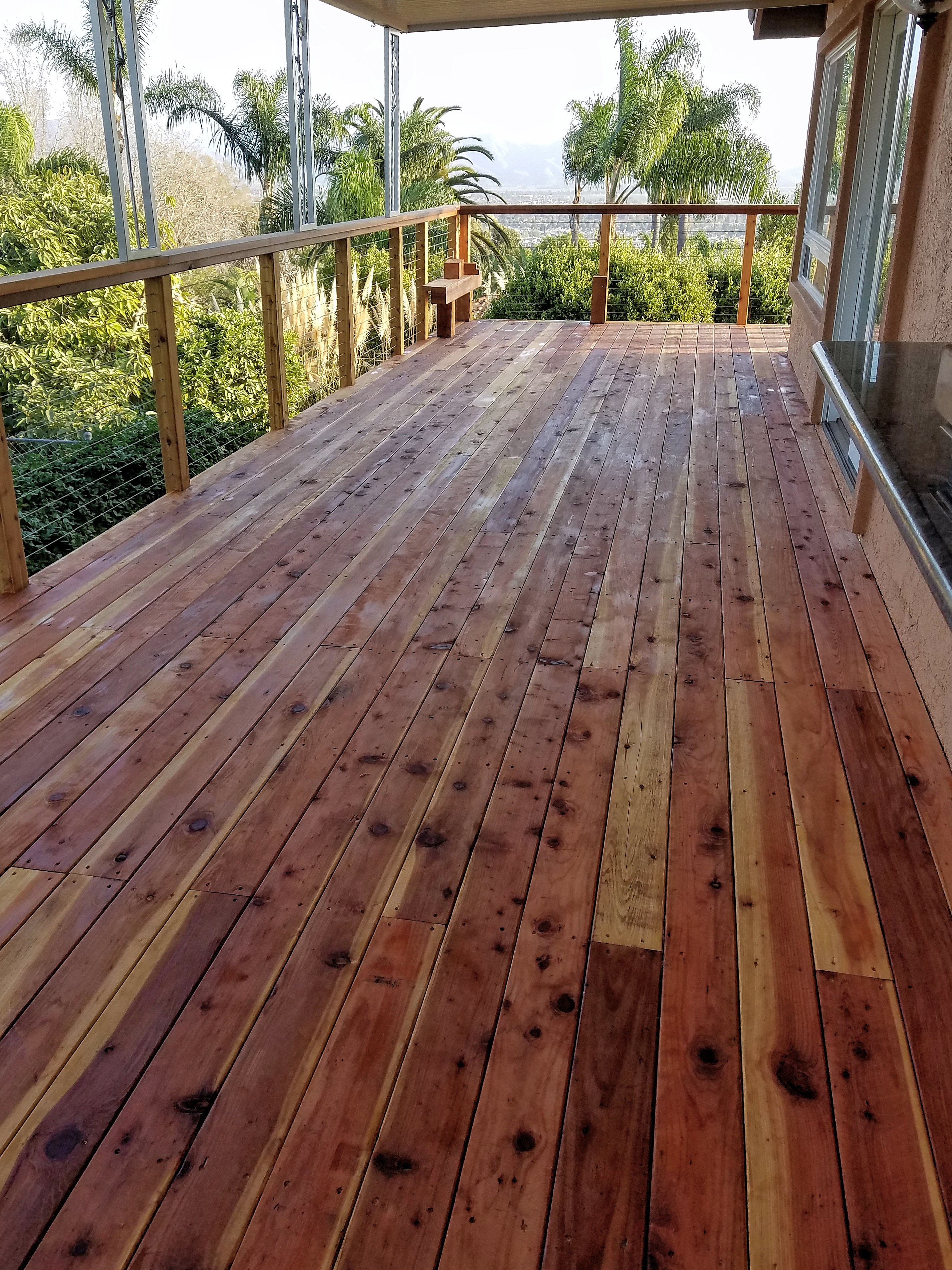 Redwood deck with wire railing